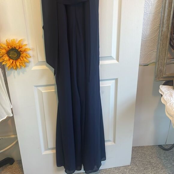 Vince Camuto Jumpsuit  Ruffle Neck Halter Wide Leg Navy Blue Stretch Sz. 4 - Picture 8 of 11